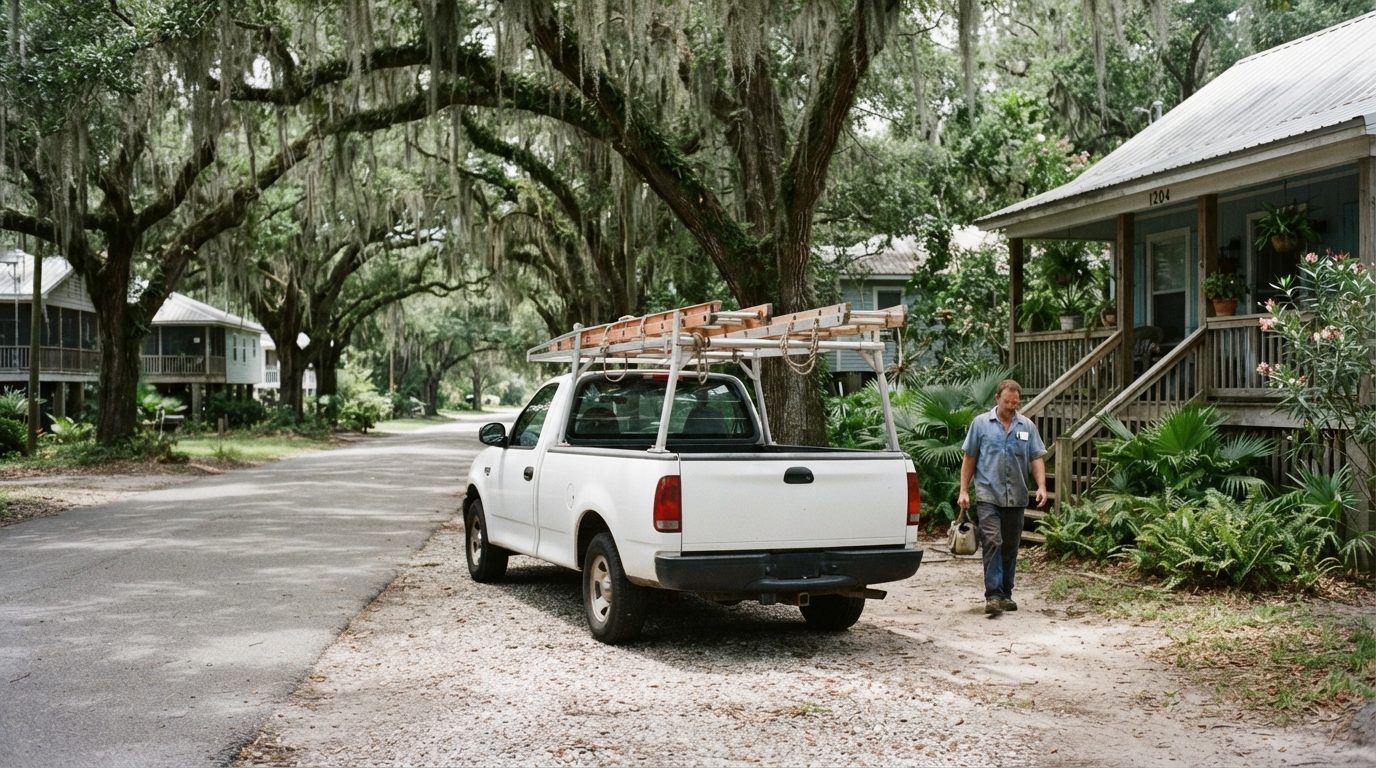 White pickup with a ladder rack parked under live oaks on a residential street near the Gulf