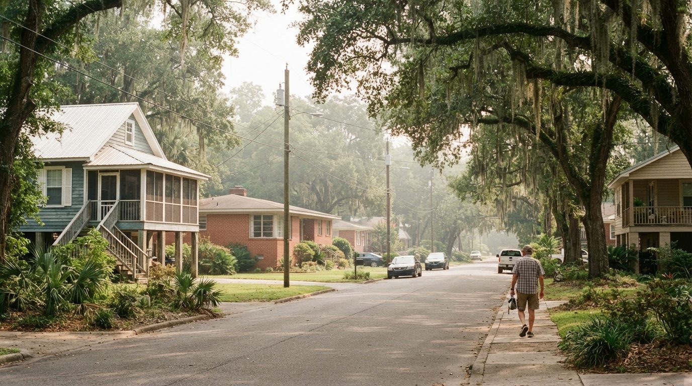 Older frame homes and mature trees on a small-town street in south Mississippi