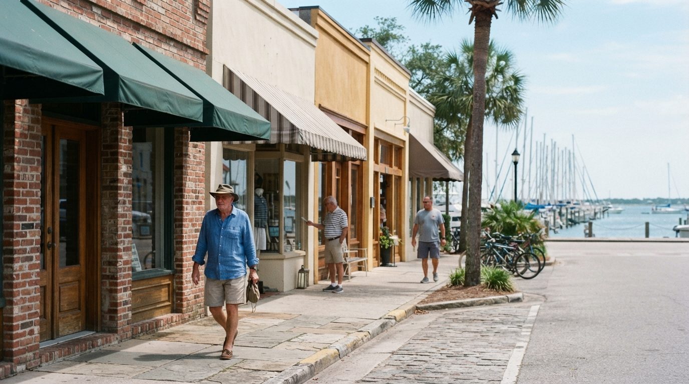 Coastal downtown of brick storefronts with awnings near a harbor with sailboat masts