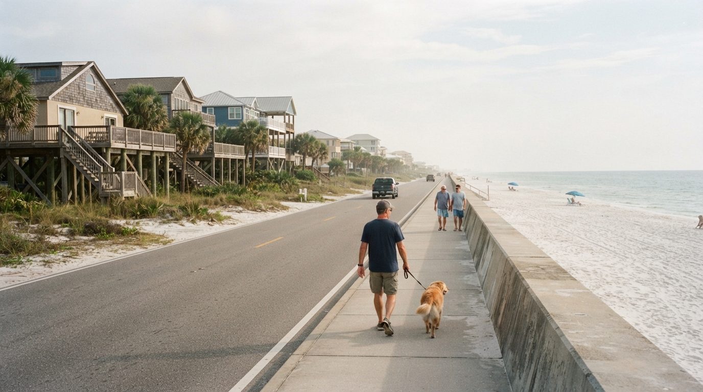 Beachfront boulevard with seawall and homes on pilings along the Mississippi Gulf Coast