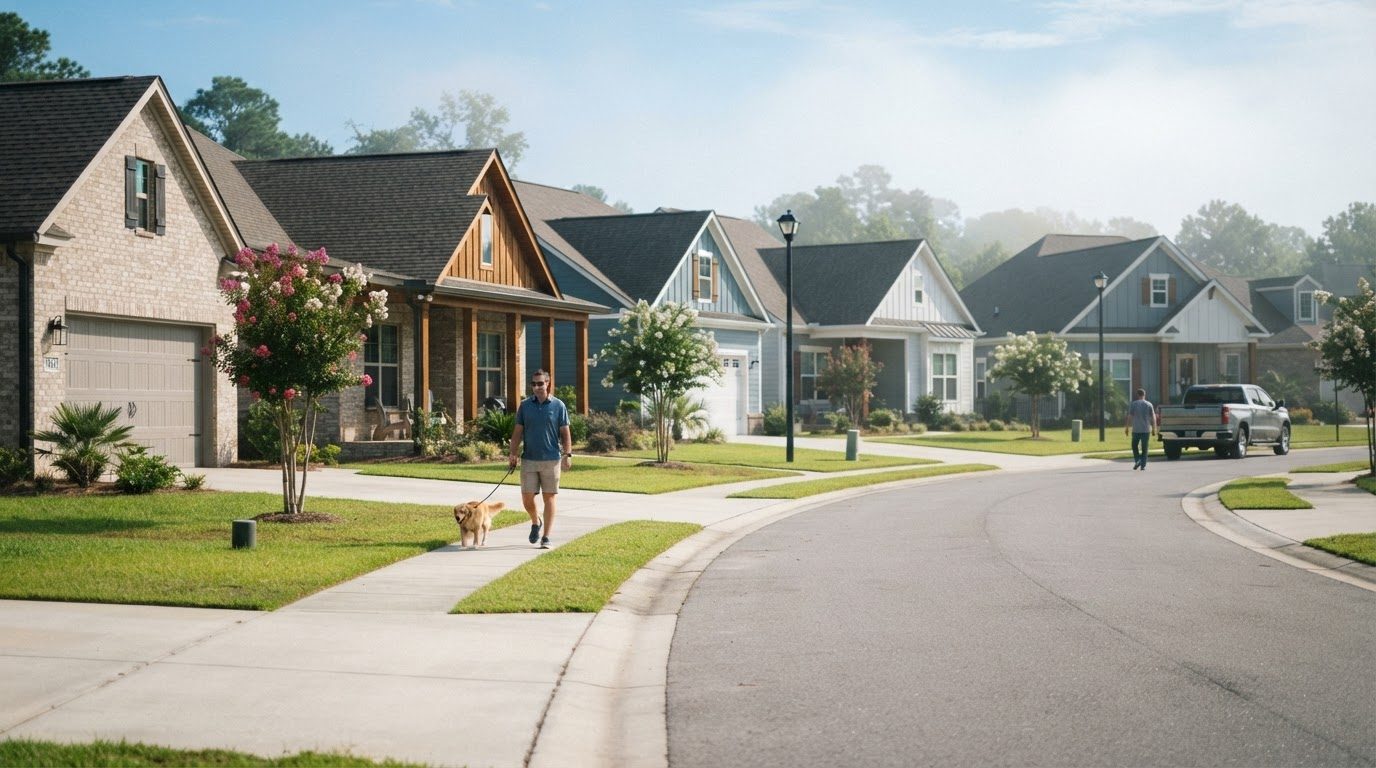 One-story homes on wide lots with young trees in a planned coastal community