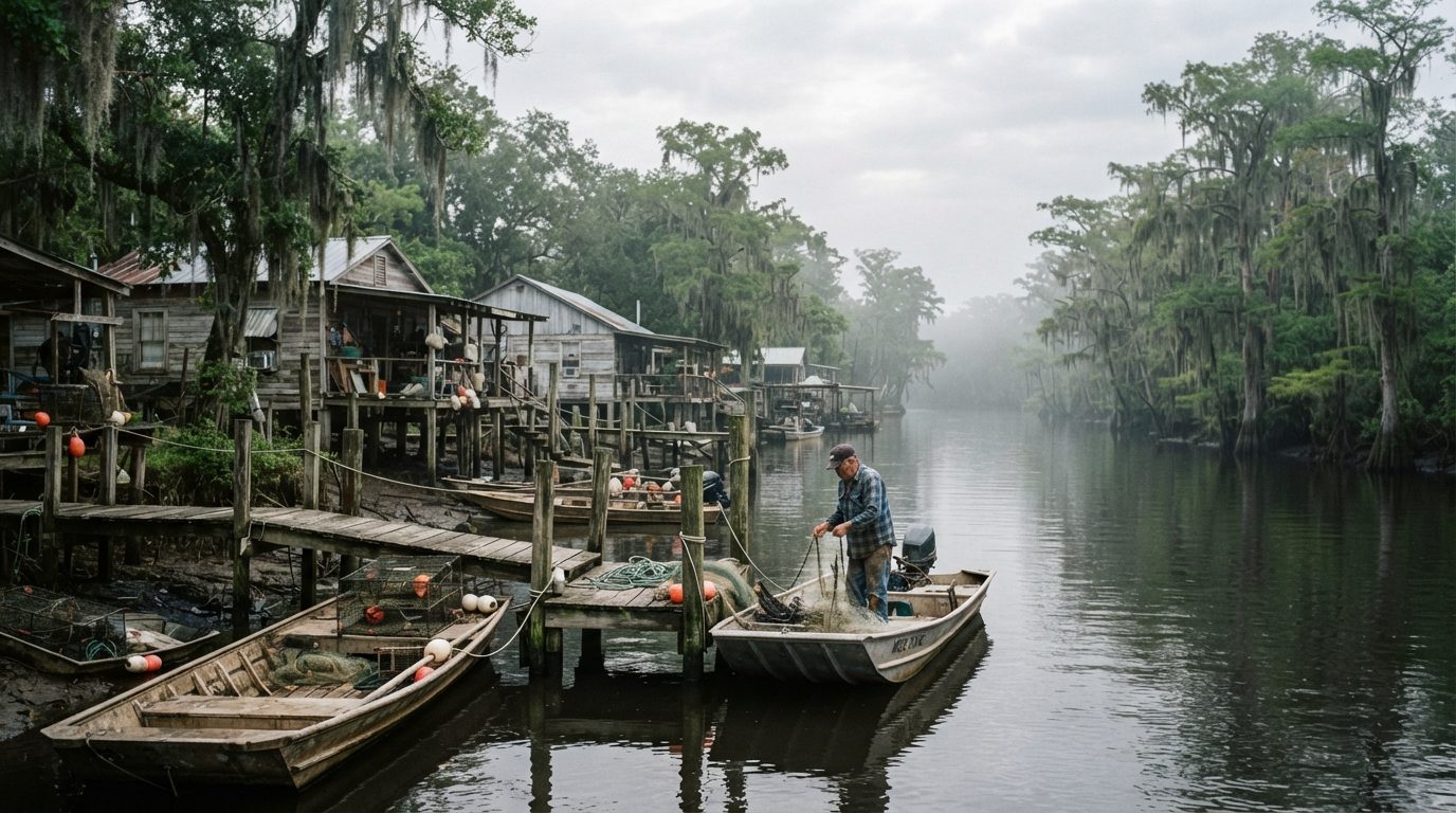 Bayou with older homes on stilts among cypress trees on an overcast morning