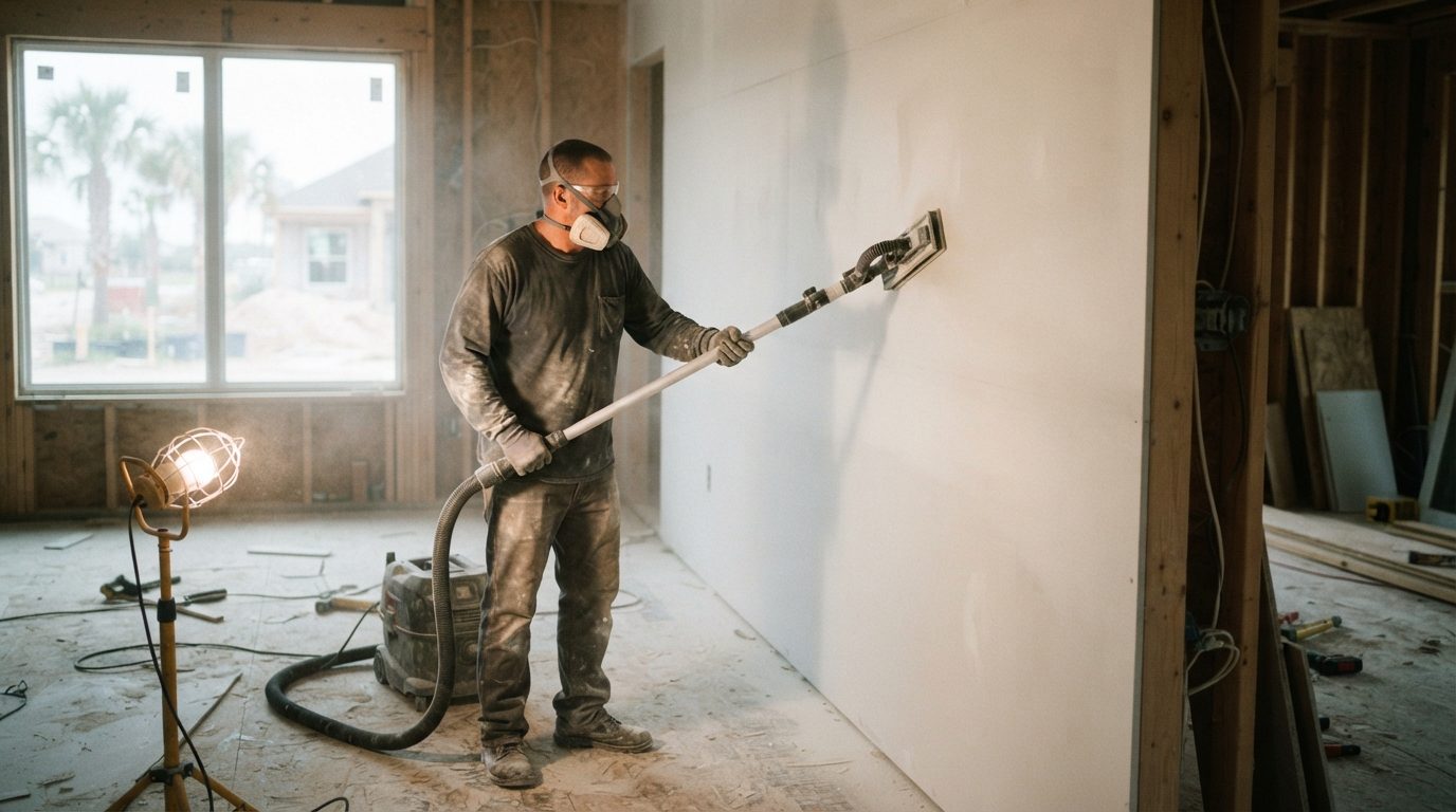 Man in a respirator sanding a long smooth wall with a vacuum-attached pole sander under a work lamp