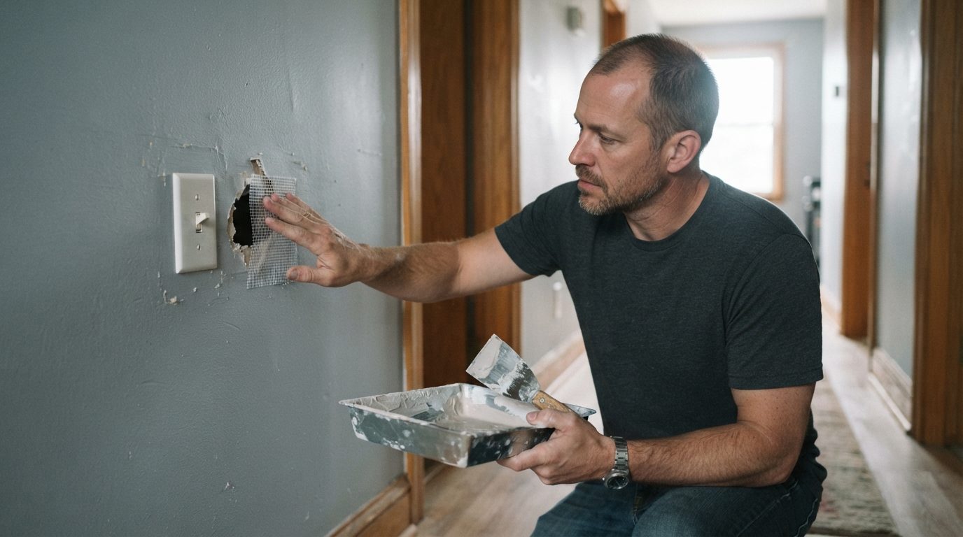 Man pressing a drywall patch into a hole beside a hallway light switch in a rental apartment