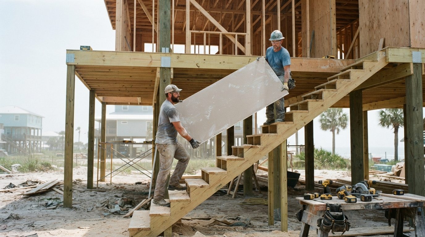 Two men carrying a sheet of drywall into a newly framed elevated home on pilings