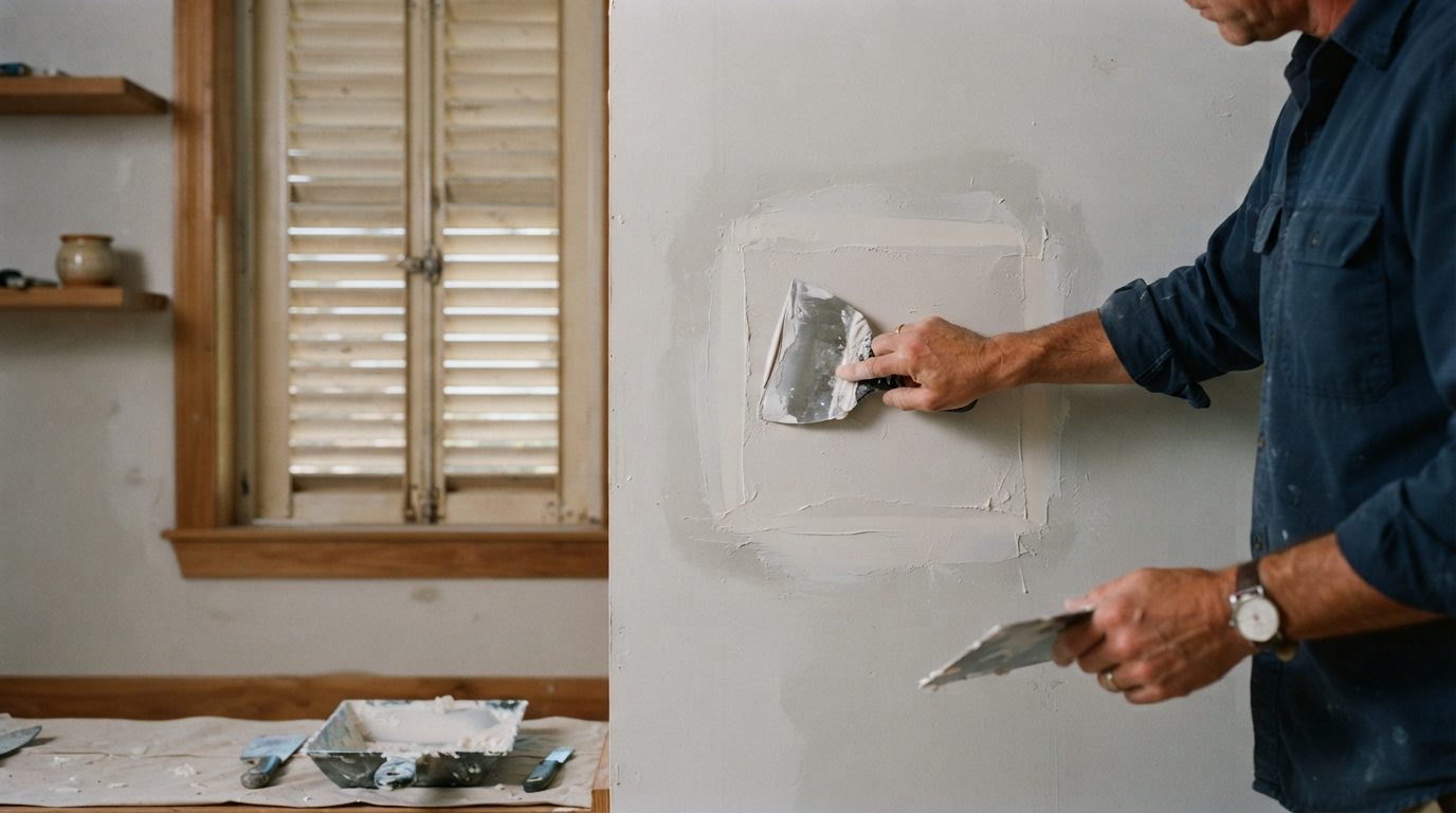 Hand skimming joint compound over a square drywall patch on a pale wall in a coastal home