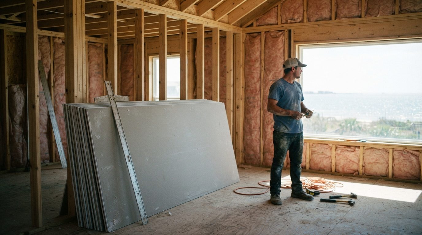 Stack of drywall sheets and a T-square in a freshly framed room of a raised coastal house